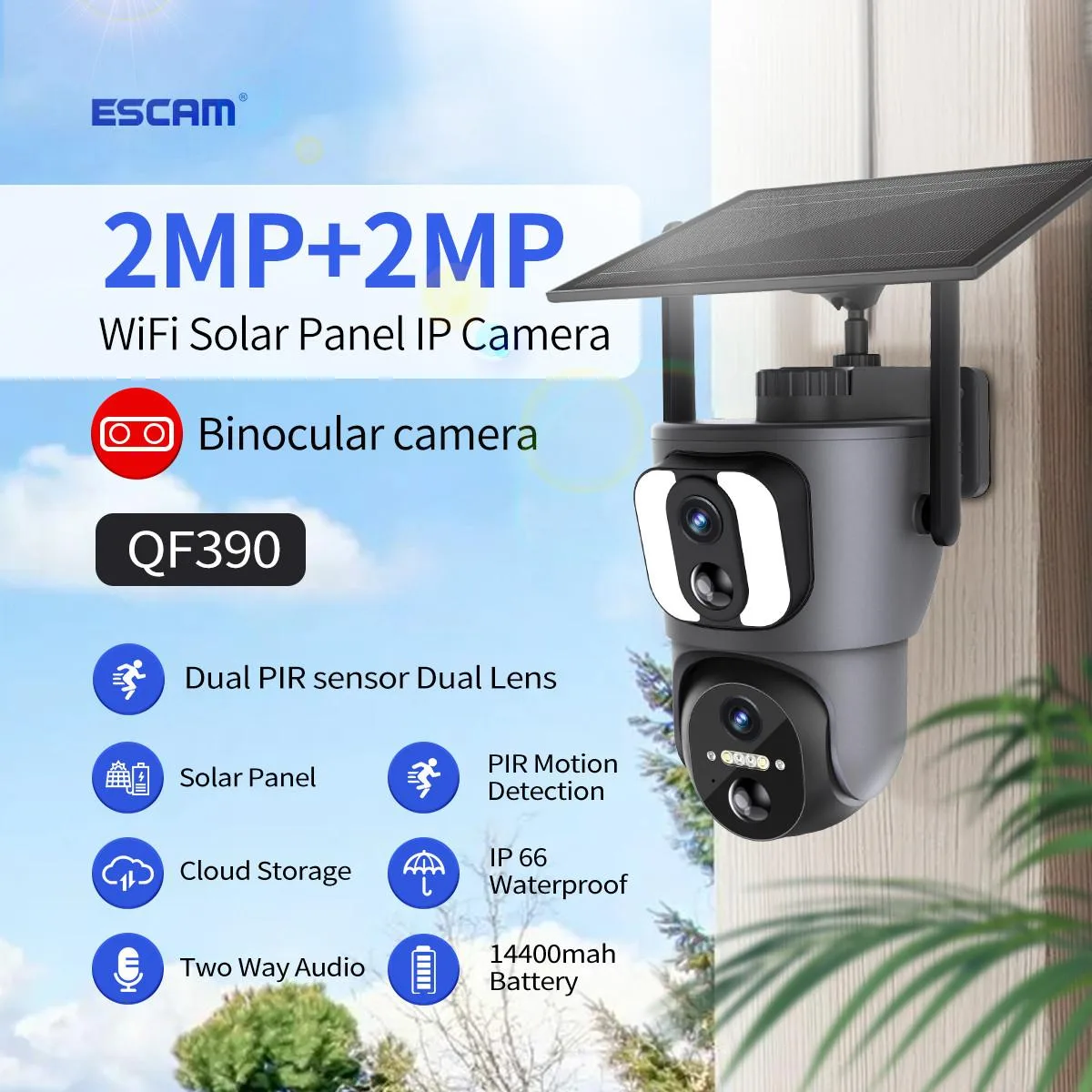 visiPower visiPower ESCAM QF390 Dual-Lens 14400mAh Solar network camera — product photo