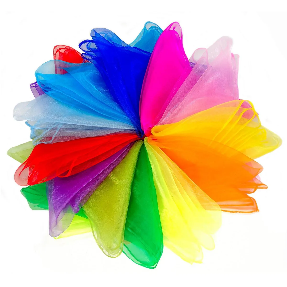 Twelve lightweight scarves in vivid colours, each twenty-four inches square
