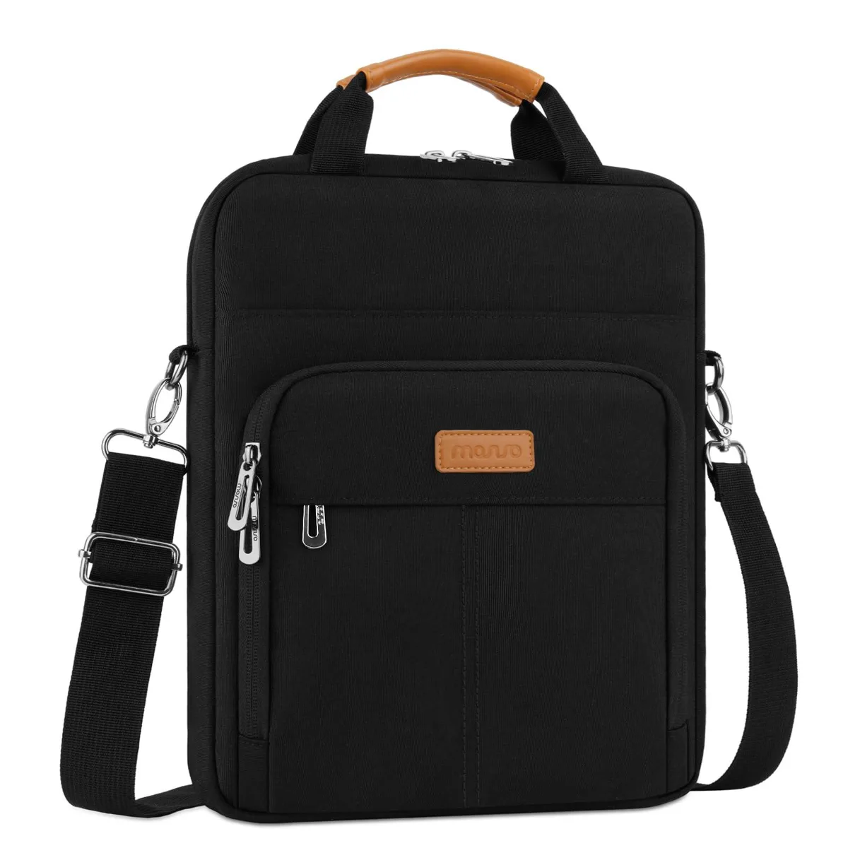 Black 12.9 inch tablet sleeve with three front pockets and detachable shoulder strap