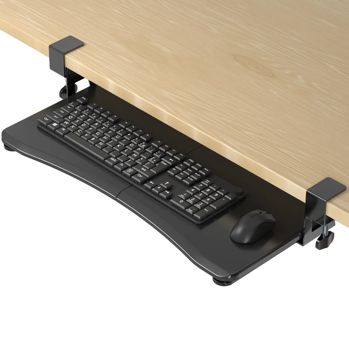 Black leather-finish slide-out keyboard tray with steel C-clamps