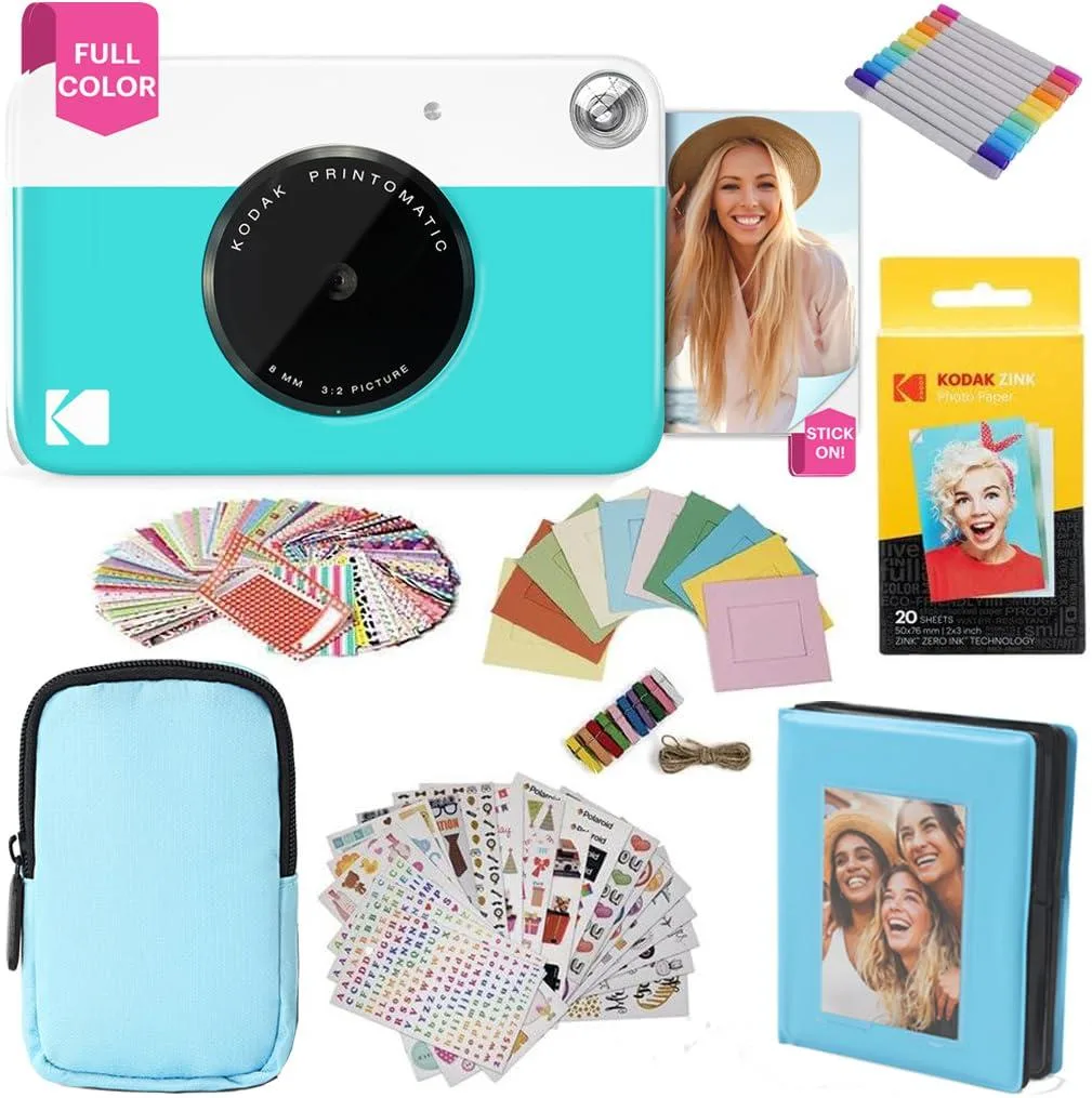 Blue instant camera bundle with soft case, paper, album, stickers, markers and frames
