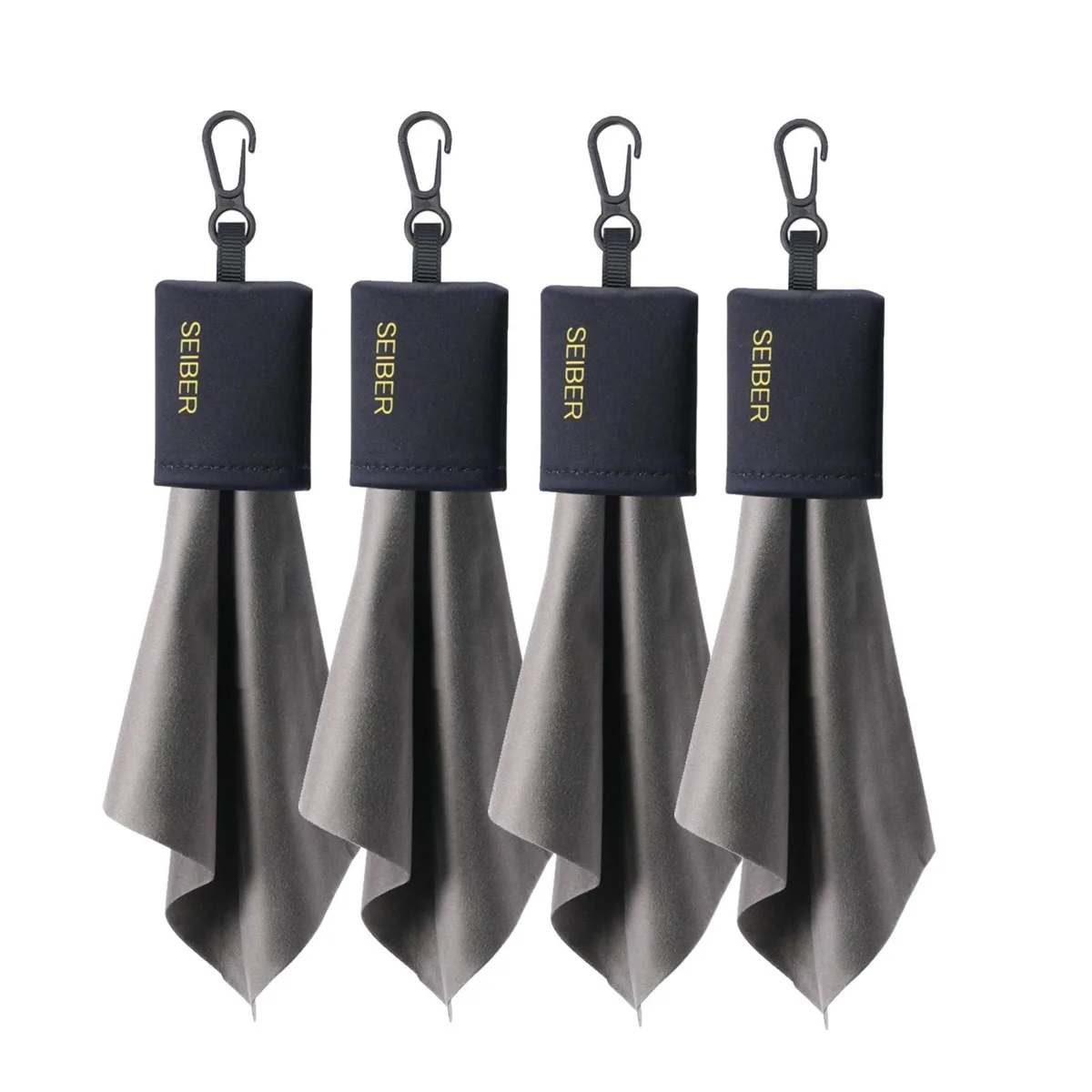Four black microfiber cloths in neoprene pouches with clips