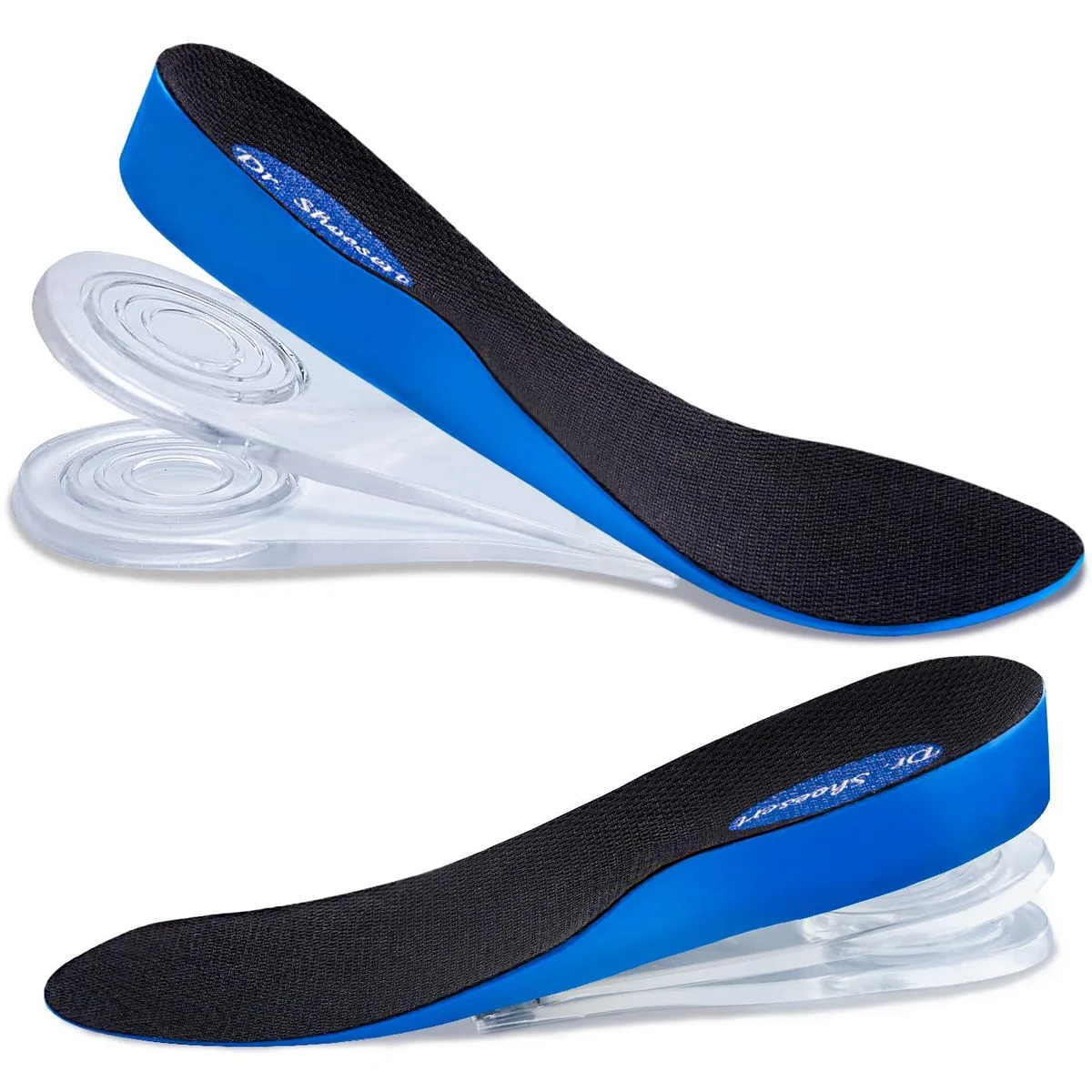 Blue three-layer heel lift inserts with breathable fabric top and adhesive gel layers