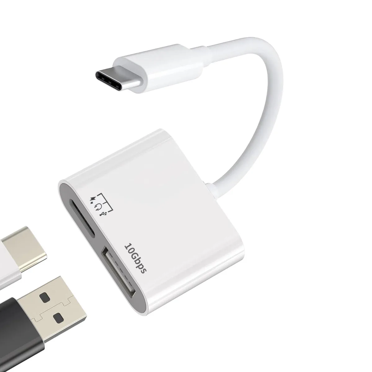 Short white USB-C adapter cable with USB-A port, audio jack and USB-C PD port