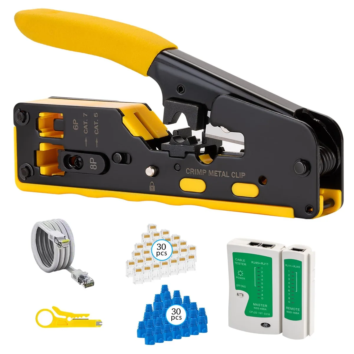 Red Klein Tools crimper kit with 30 connectors, tester, stripper and cable