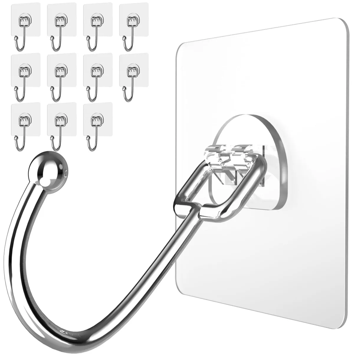 Twelve transparent adhesive hooks with stainless steel fronts and clear PVC bases
