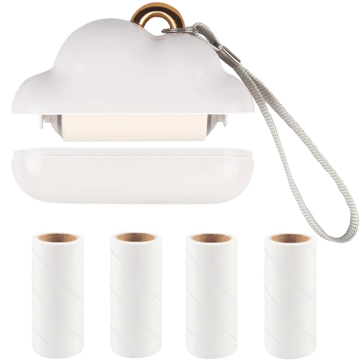 White cloud-shaped lint roller with hanging lanyard and refill sheets