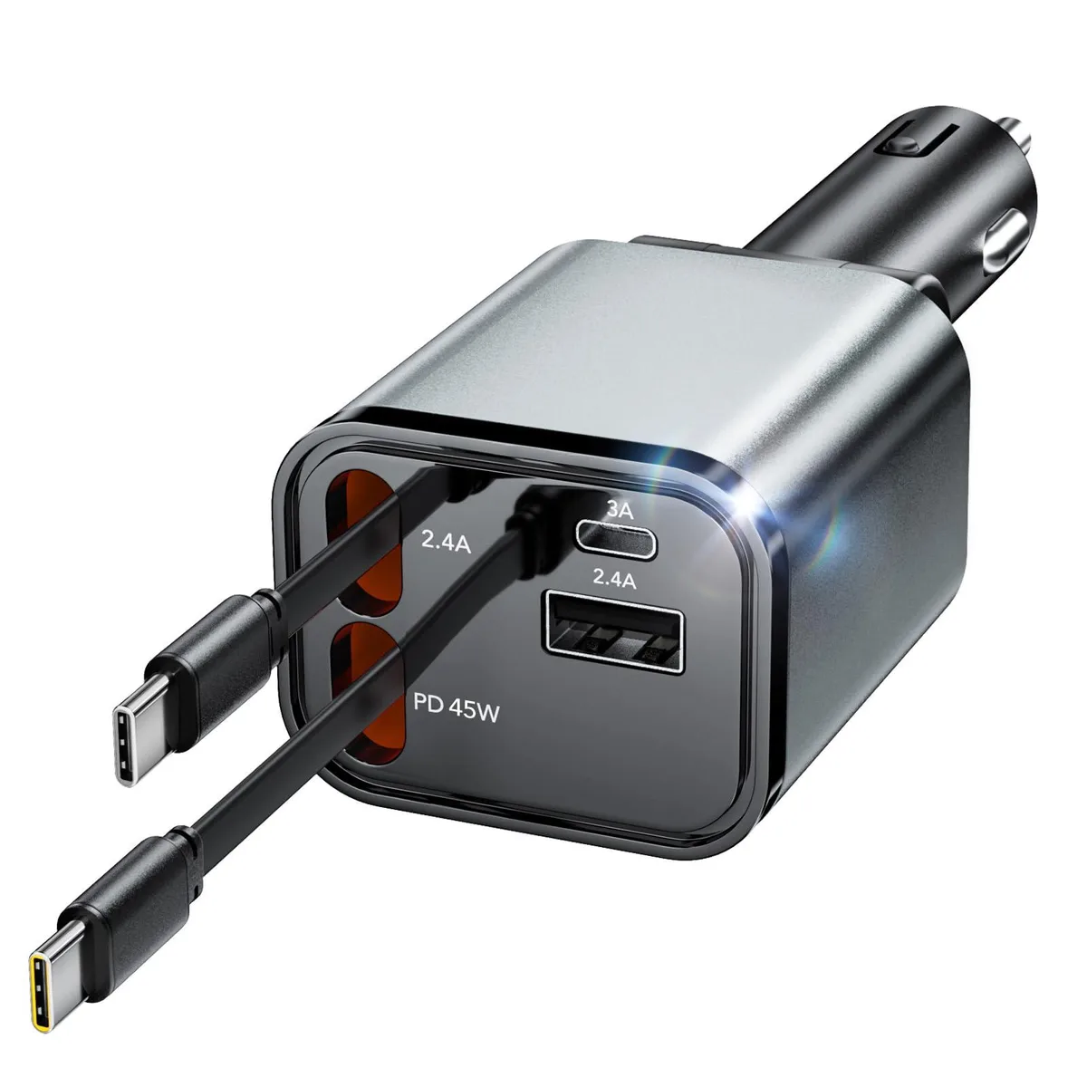 White 4-in-1 retractable car charger with two pull-out cables and two USB ports
