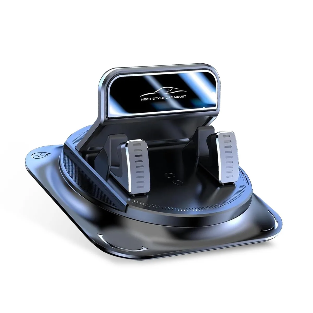 Black dashboard phone mount with 360° rotatable cradle, wide silicone base 3.89" diameter, height 2.46