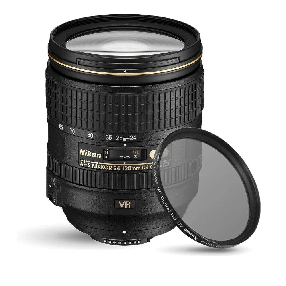 Nikon Global Nikon AF-S NIKKOR 24-120mm f/4G ED VR camera lens + UV Filter — product photo