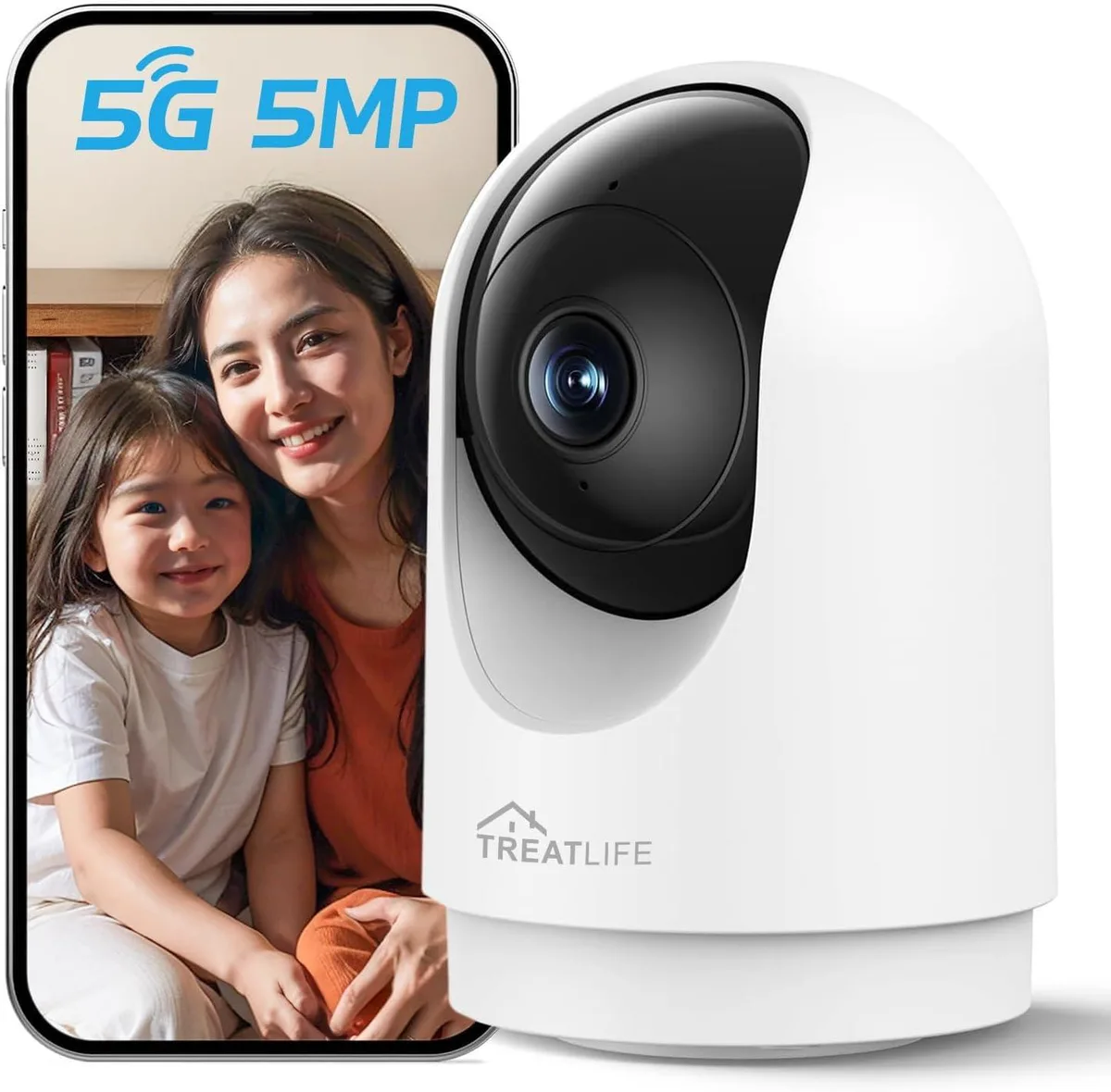 White indoor pan-tilt camera on a flat base, matte finish, lens facing forward