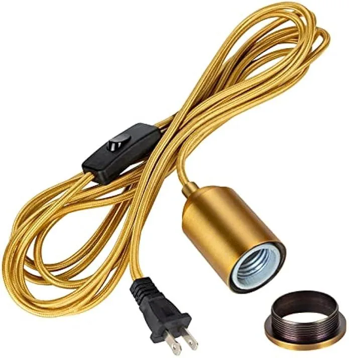 Gold pendant cord kit with ceramic socket, woven fabric cable, brushed metal shade ring, black plug and switch
