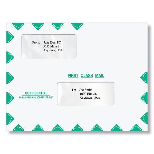 Pack of 50 white 10 by 13 inch double window booklet envelopes with peel and seal closure
