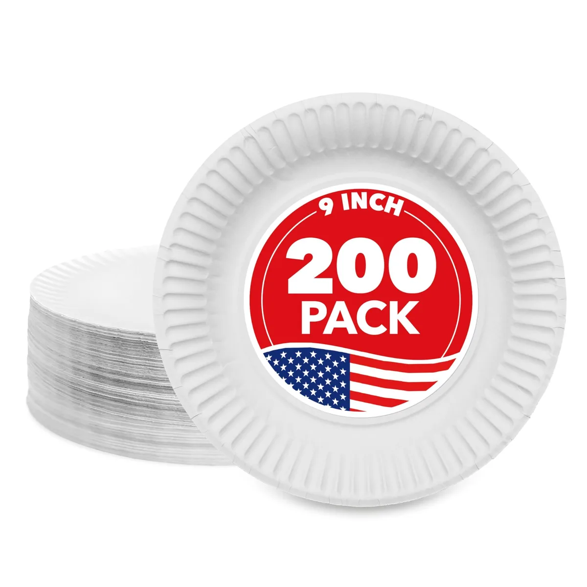 Stack of white rectangular paper plates 9 inch 200 count