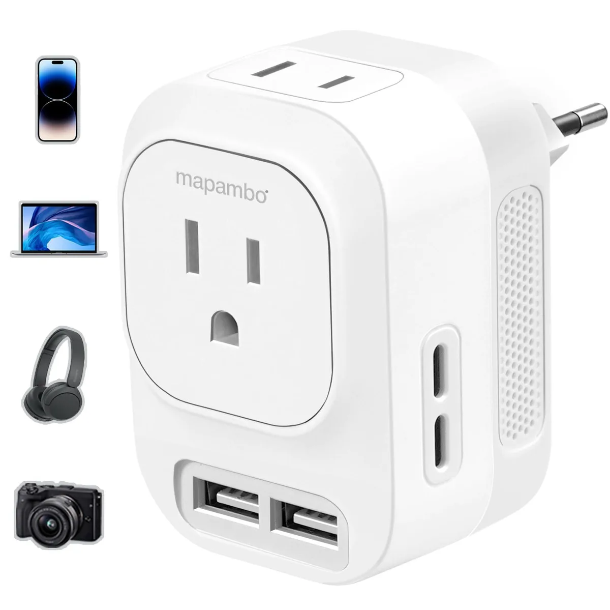 White rectangular voltage converter with two AC outlets, two USB-A and two USB-C ports