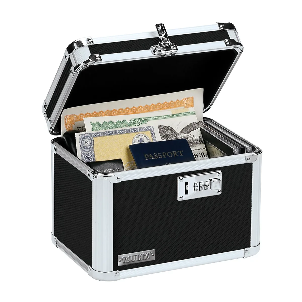 Rectangular black metal box with chrome steel corners and combination lock dial