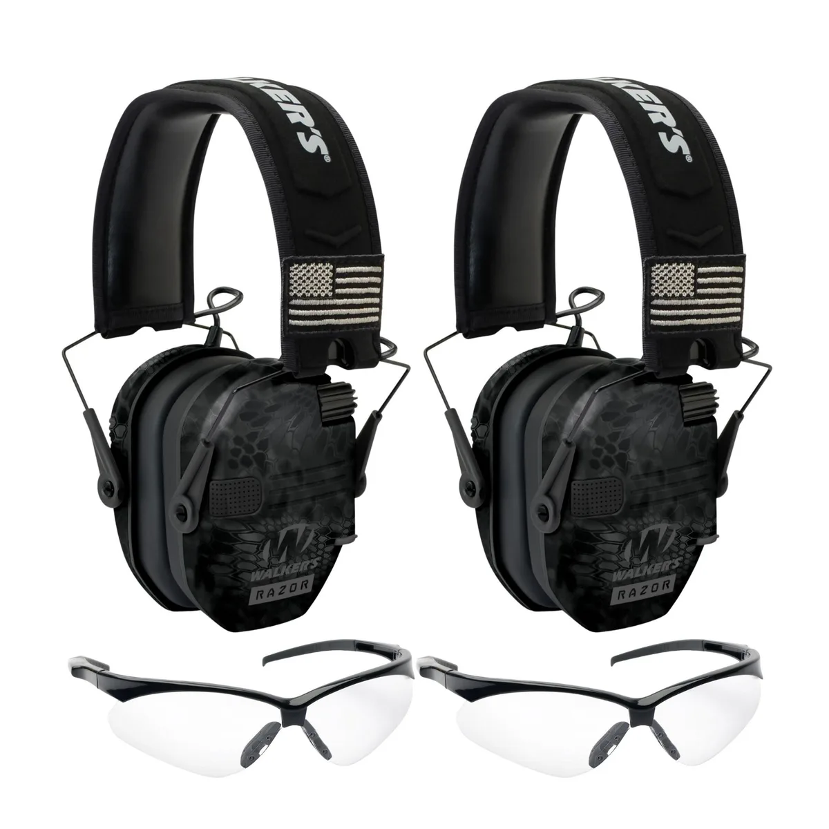 Walkers Walkers Razor Slim Electronic Earmuff Kryptek Camo &amp; Glasses 2-Pack Sports Protective Gear — product photo