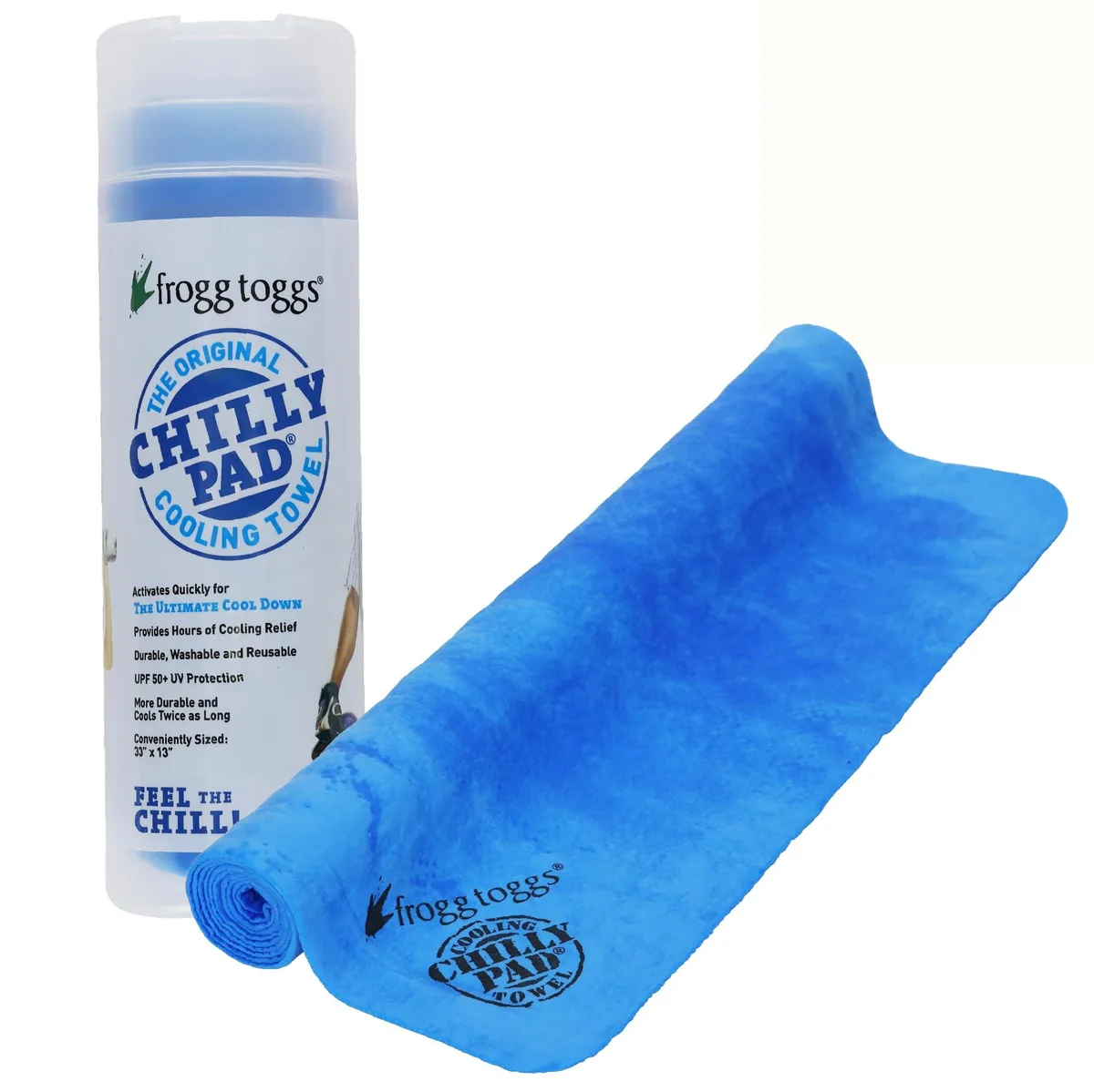 Sky blue rectangular cooling towel folded in a storage container
