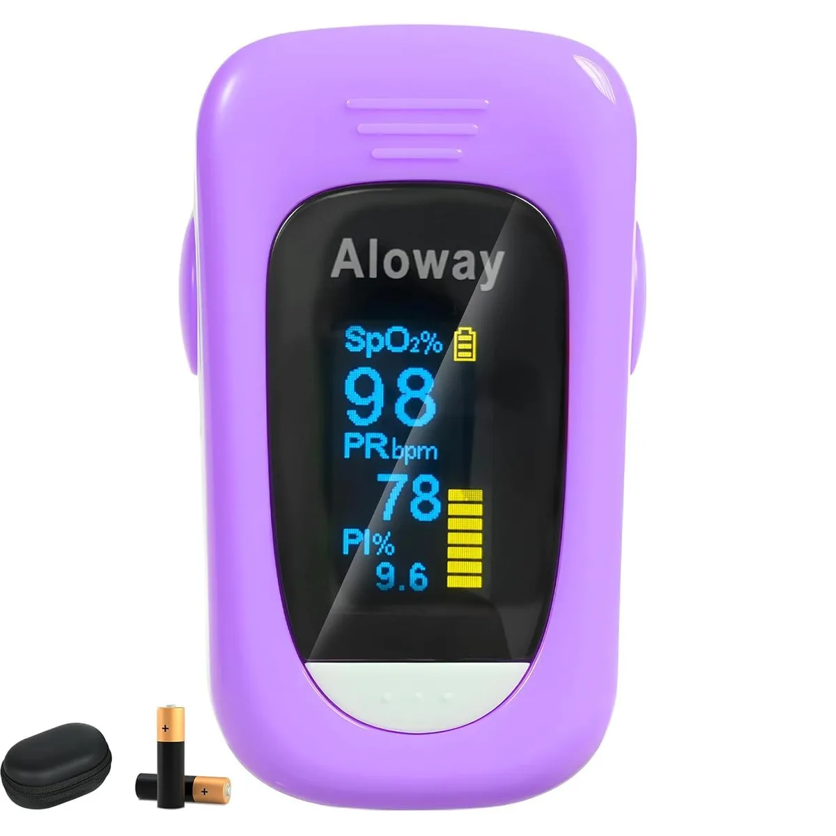 Purple fingertip pulse oximeter with OLED display and carrying case