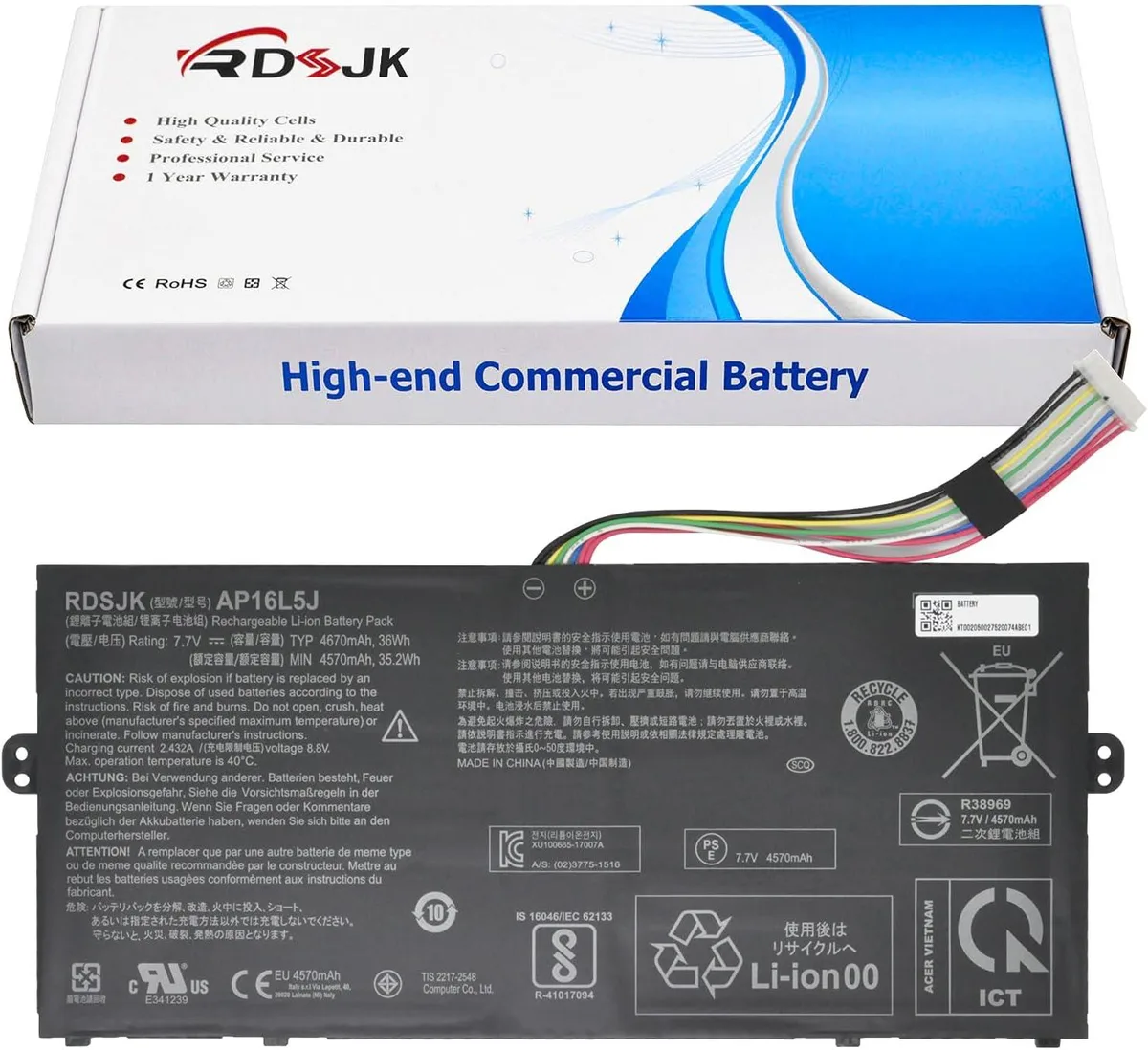 Rectangular black lithium-ion laptop battery pack
