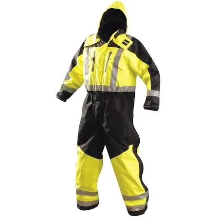 Black and yellow high-visibility coverall with snap-on hood and elastic ankles