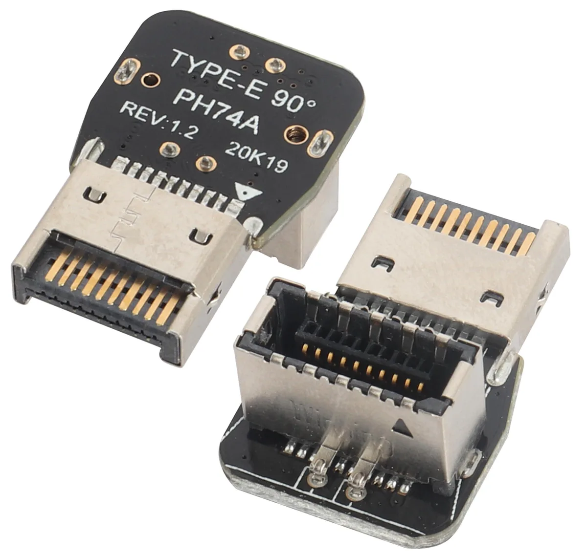Two small black right-angle USB 3.1 Type-E header adapters with plastic and metal bodies