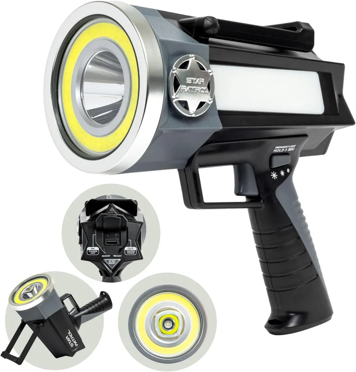 Black 9-inch rechargeable spotlight with built-in kickstand and phone charger