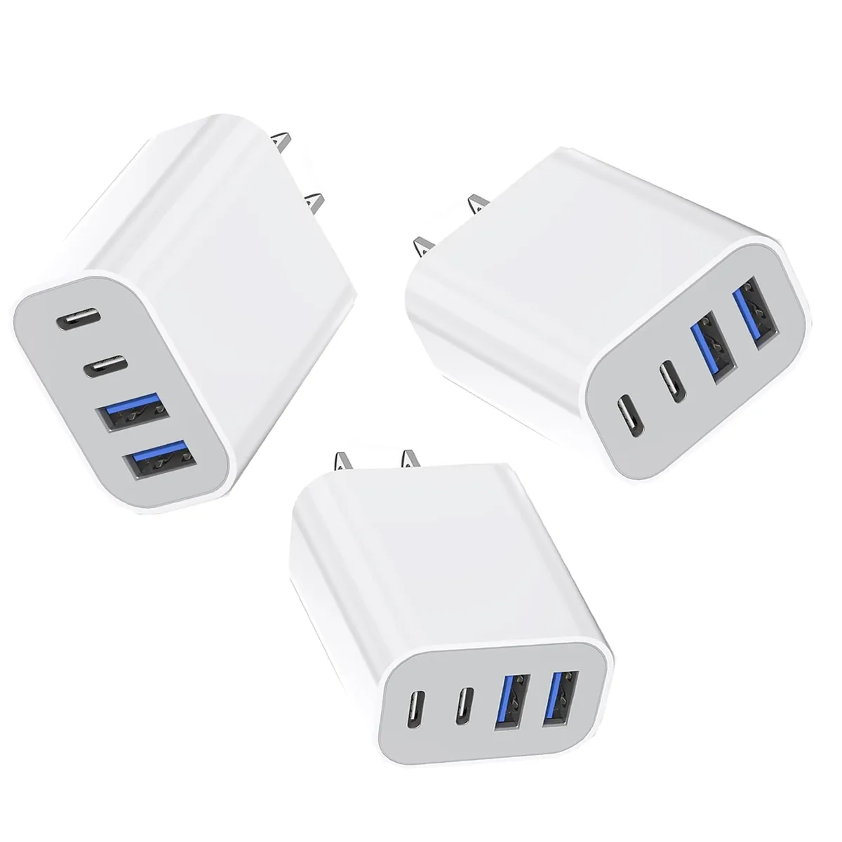 Three white rectangular USB wall chargers each with two USB-C and two USB-A ports