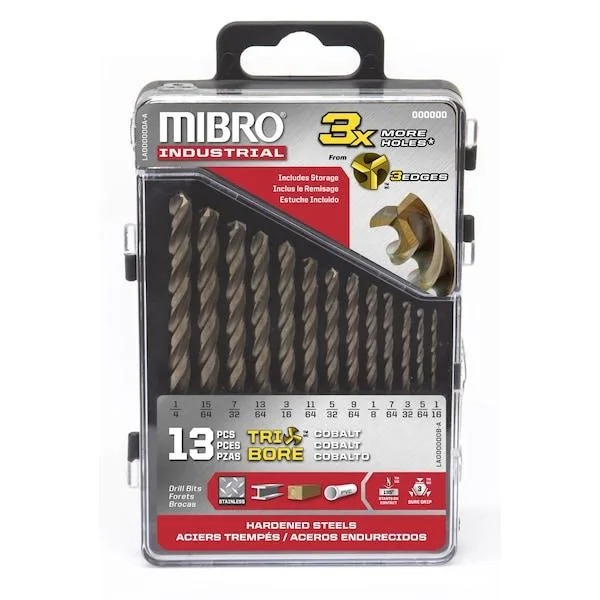 13 cobalt drill bits in metal finish, tri-bore design with three-flat shanks