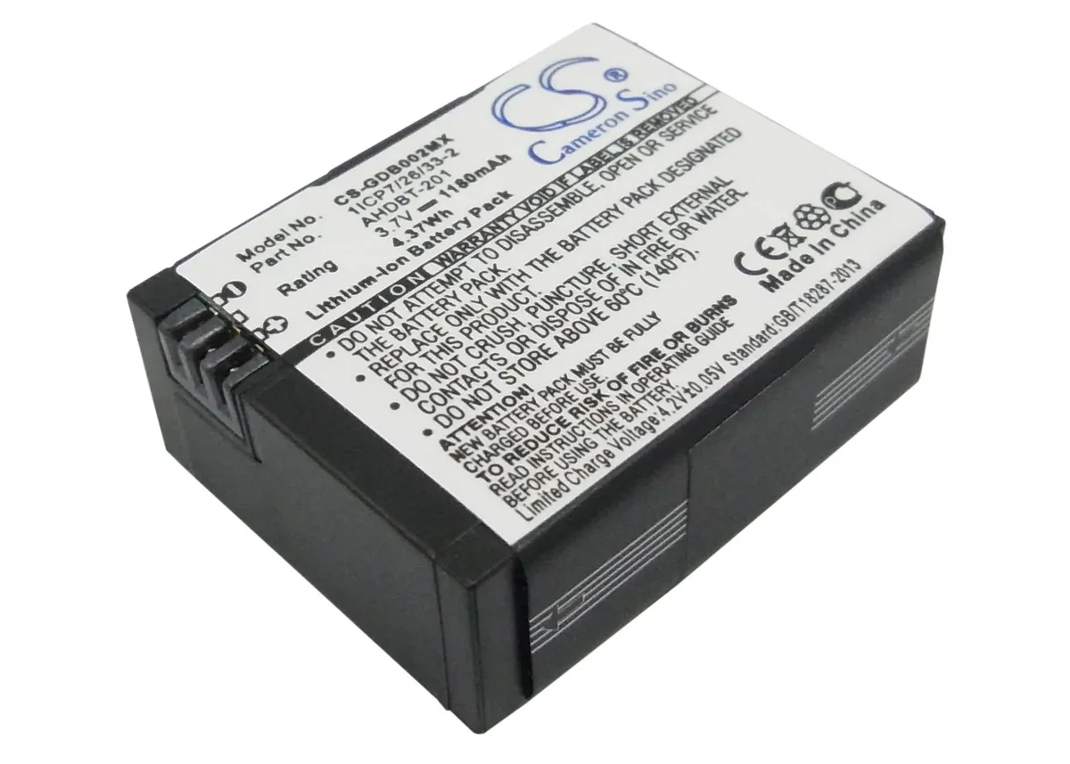 Small rectangular replacement battery with smooth dark finish and gold contacts