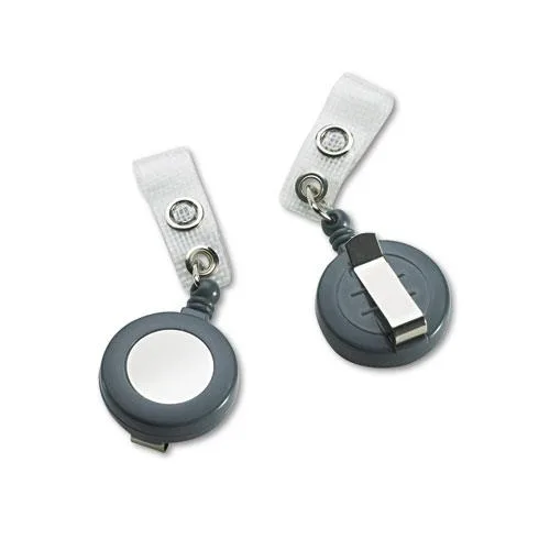 Box of 25 gray retractable badge reels with clear holders and metal belt clips