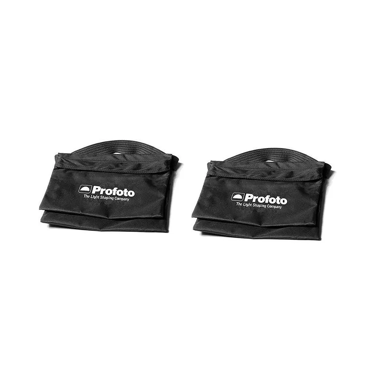Two empty black polyester sandbags with wide openings and carry handles