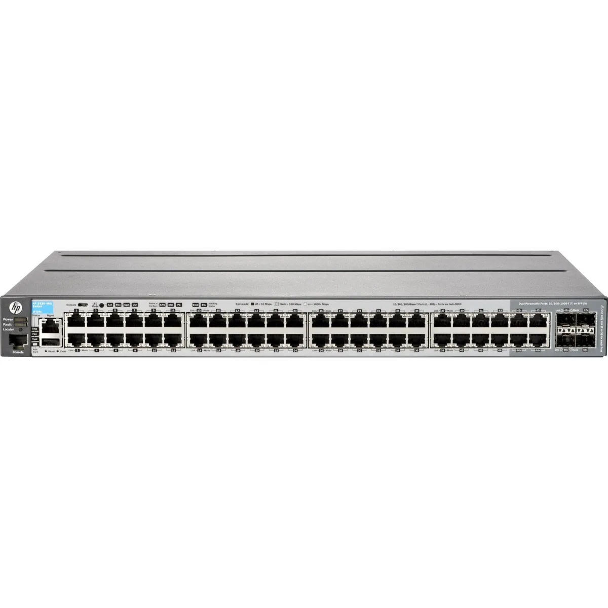 Silver rack-mount network switch with 48 front ports