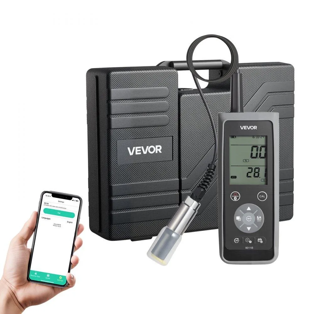 Black handheld dissolved-oxygen meter with 13.1 ft electrode cable and carrying case