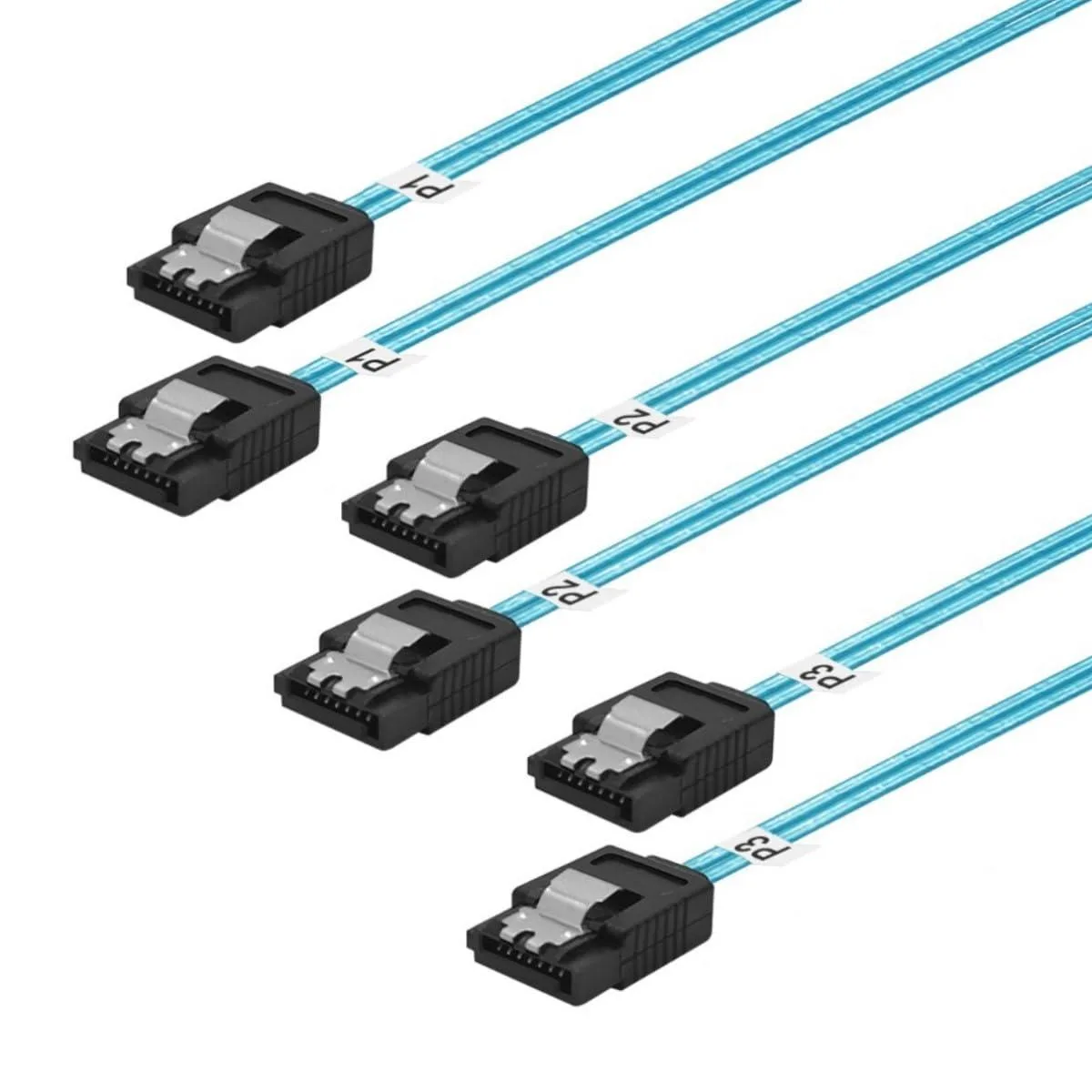 Three flat blue SATA cables with locking latches
