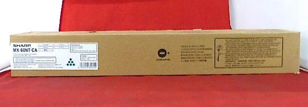 A rectangular cyan toner cartridge labelled Sharp MX60NTCA