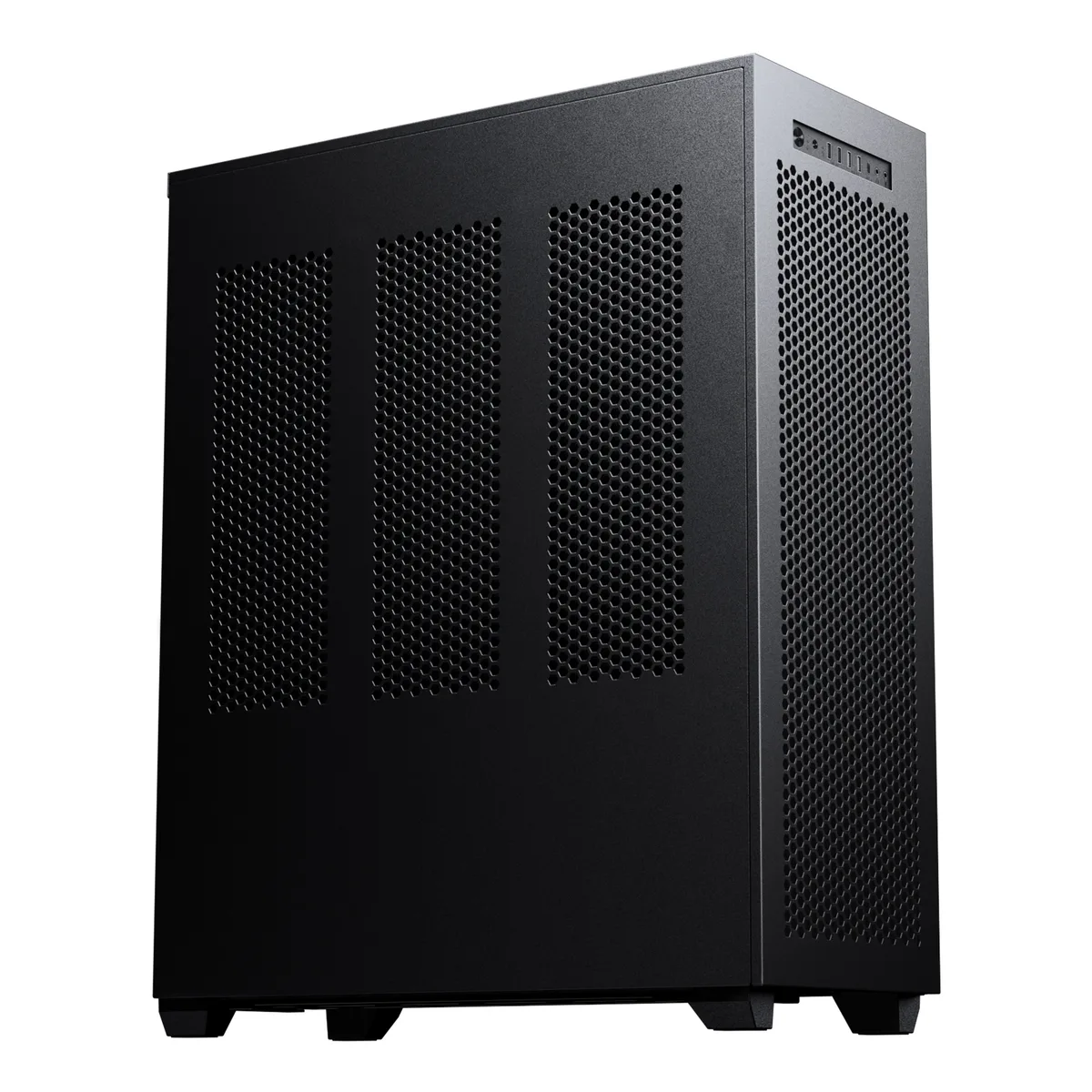Large black full tower case with steel frame, aluminium panels and mesh vents