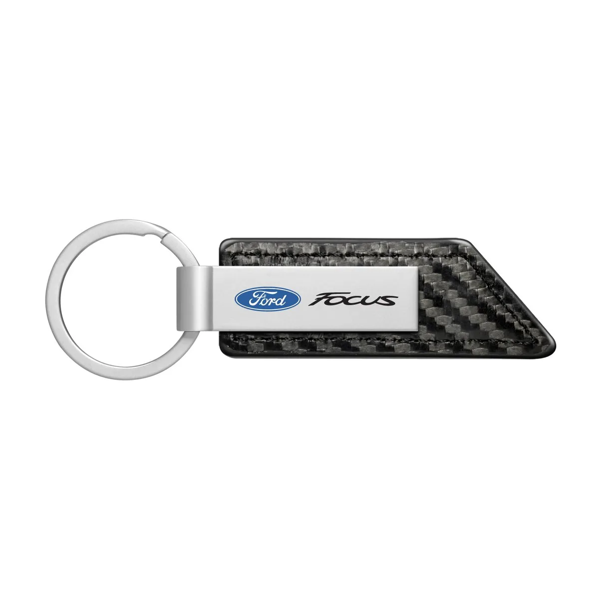 Black PU leather key fob with carbon fibre texture, metal Ford logo strip, flat split ring