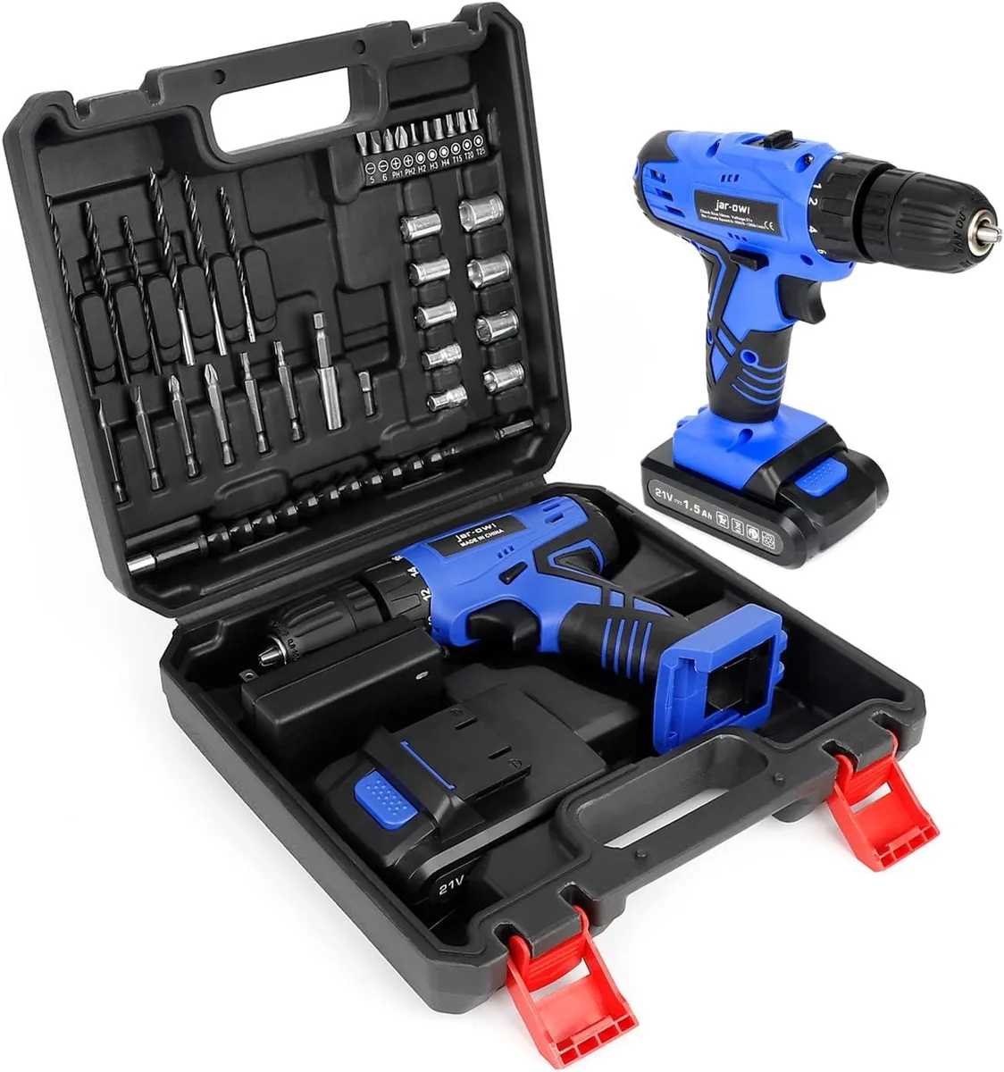 Blue cordless drill driver kit with 37 pieces in a carrying case