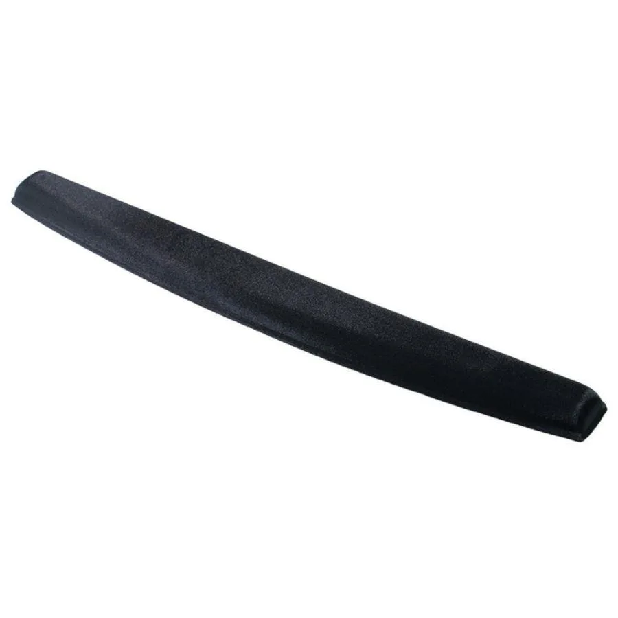 Black rectangular memory foam wrist rest with cloth surface and rubber base, 18 inches long