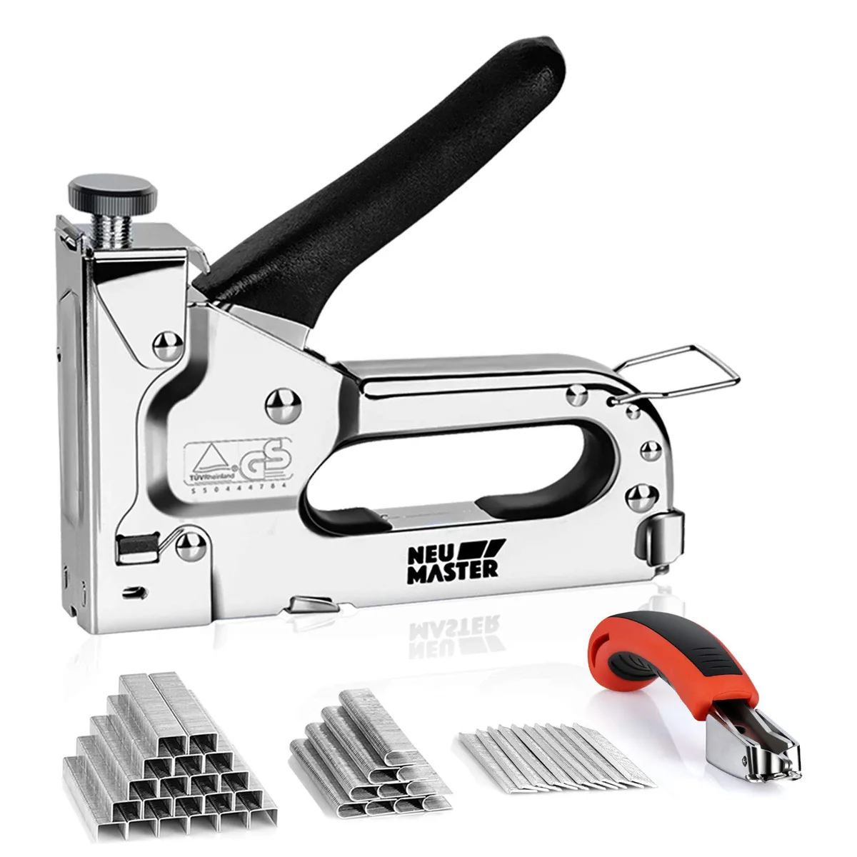 Chrome-plated steel staple gun with rubber grip and 2000 staples