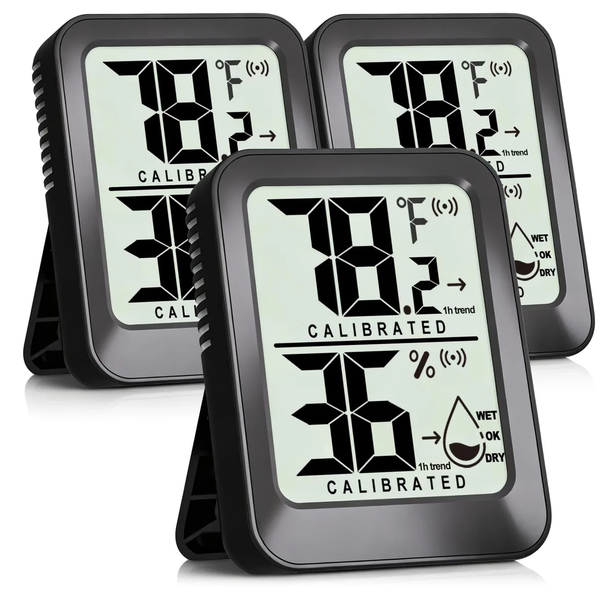 Three small black digital thermometer hygrometers with displays and kickstands
