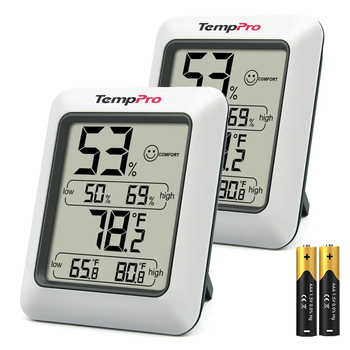 Two white rectangular hygrometer thermometers with digital displays and comfort icons