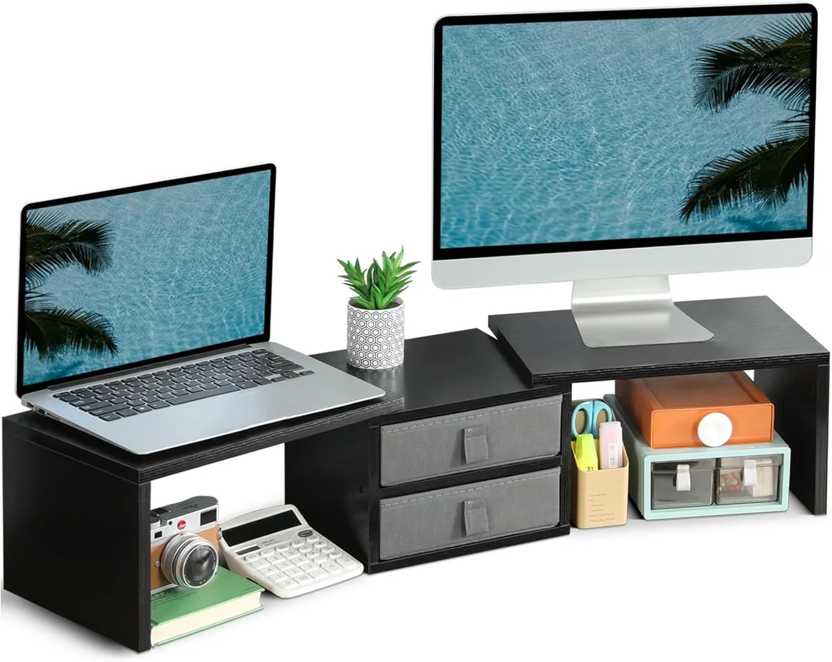 PISKEKAT PISKEKAT Dual Monitor Stand 2 Drawers Adjustable 28.34-37.6in ±90° 80 lbs — product photo