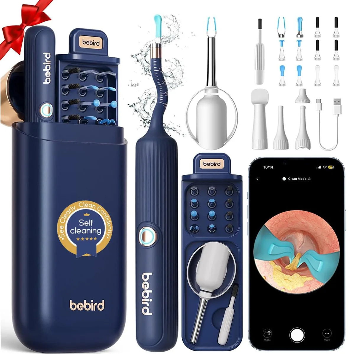 Blue ear wax removal tool with flexible HD camera tube and silicone tips