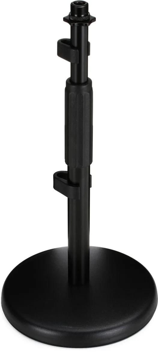 Black powder-coated desktop microphone stand with circular base and vertical shaft, compact tripod form factor