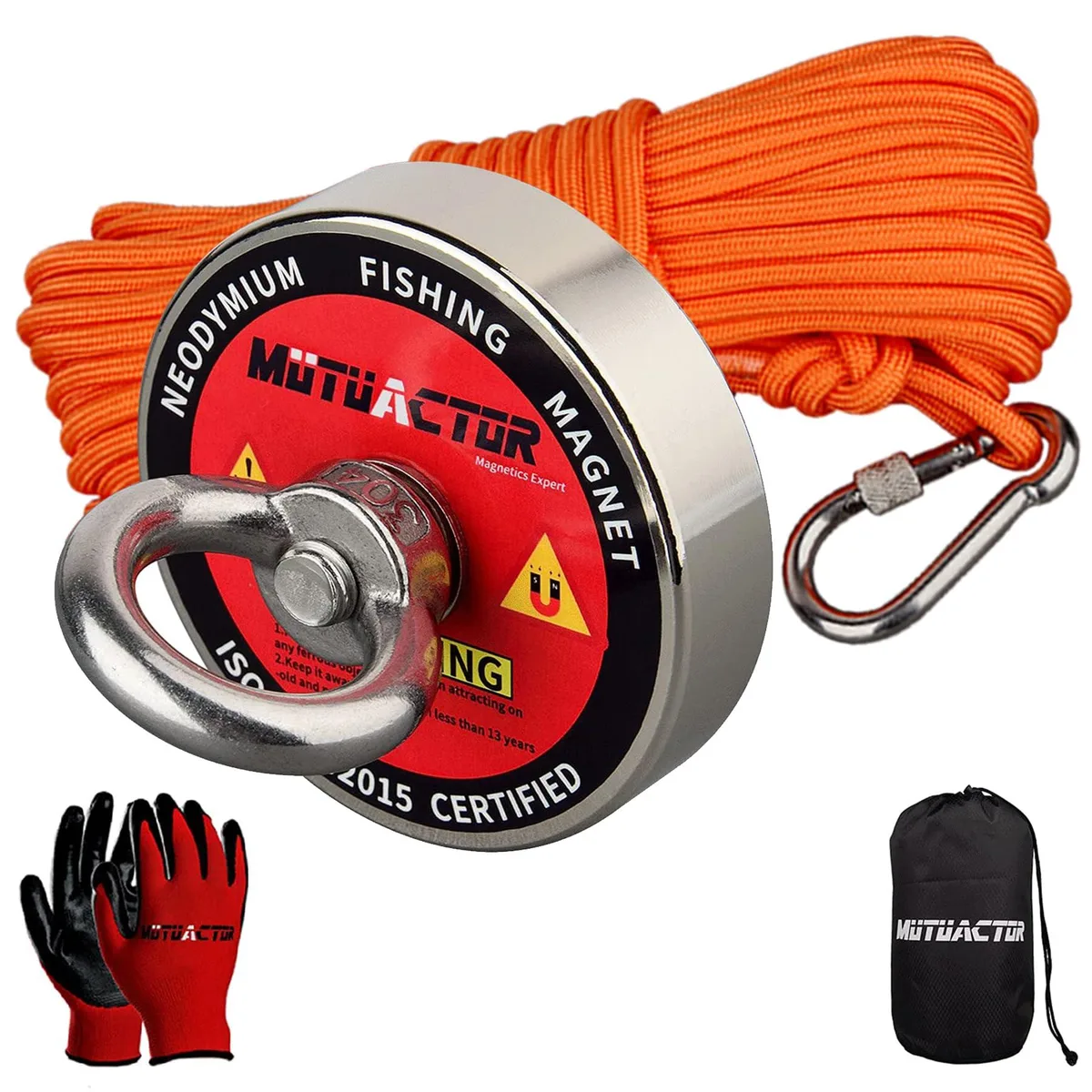 Silver cylindrical magnet 2.36 inches wide with orange rope and black gloves in box
