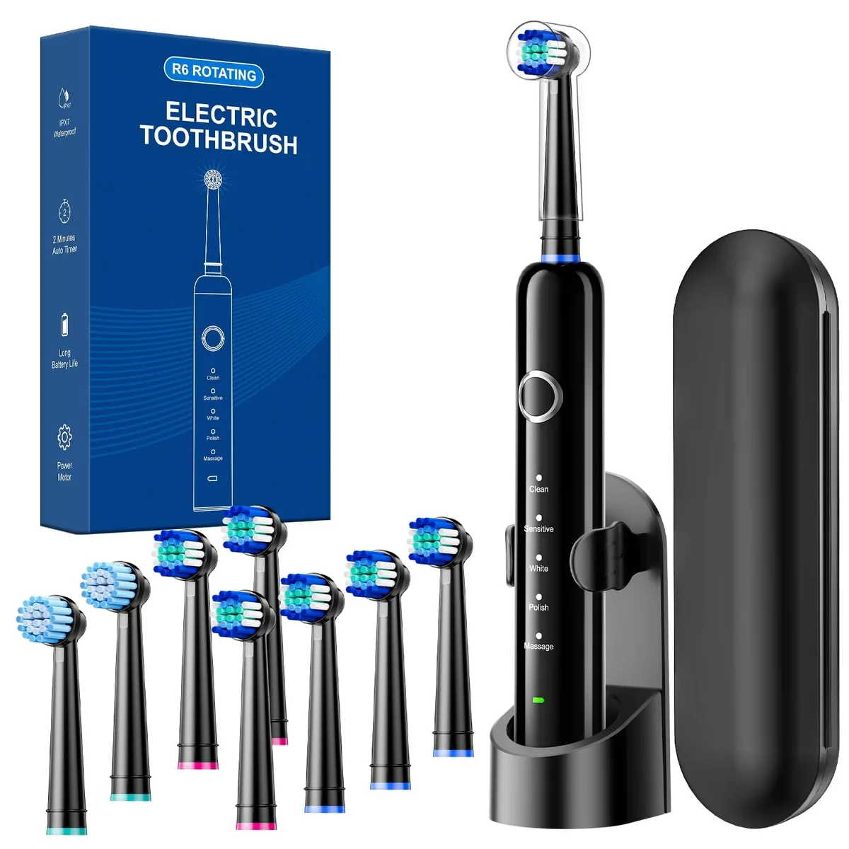 Black rotating electric toothbrush with travel case and multiple brush heads