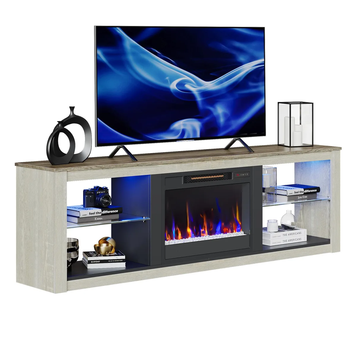 Bestier Bestier Fireplace TV Stand LED Glass Shelves 75" White 71" W — product photo