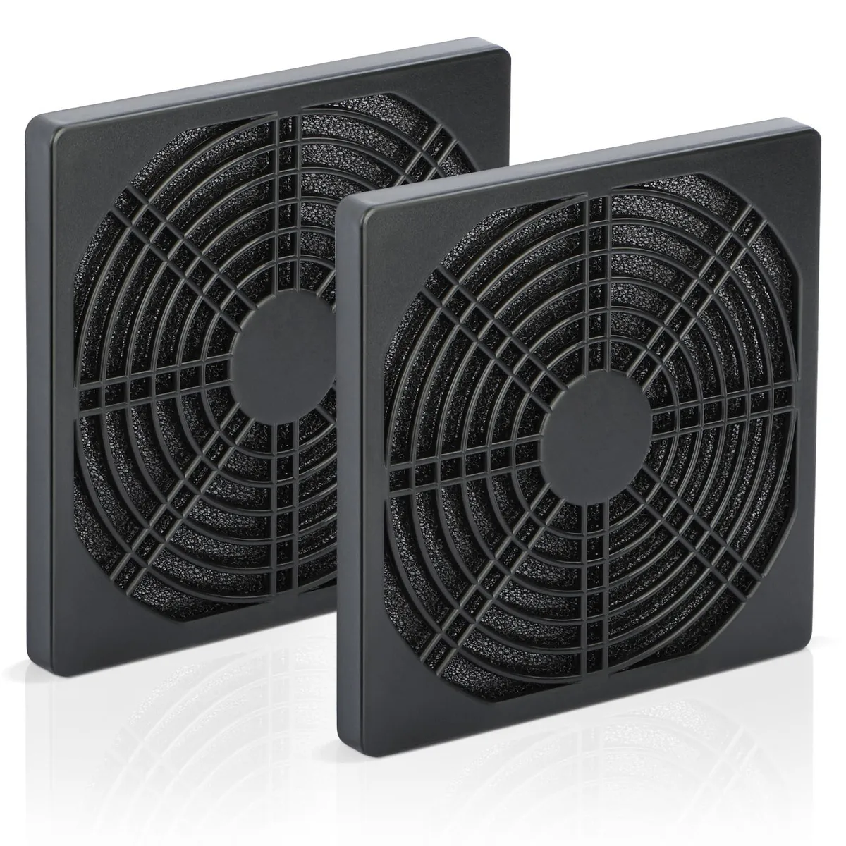 Two square 120mm plastic mesh fan filters, 4.92 inches each side, 0.35 inch thick